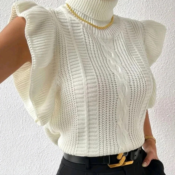 Turtle Neck Ruffle Trim Cable Knit Sweater Vest - Picture 1 of 5
